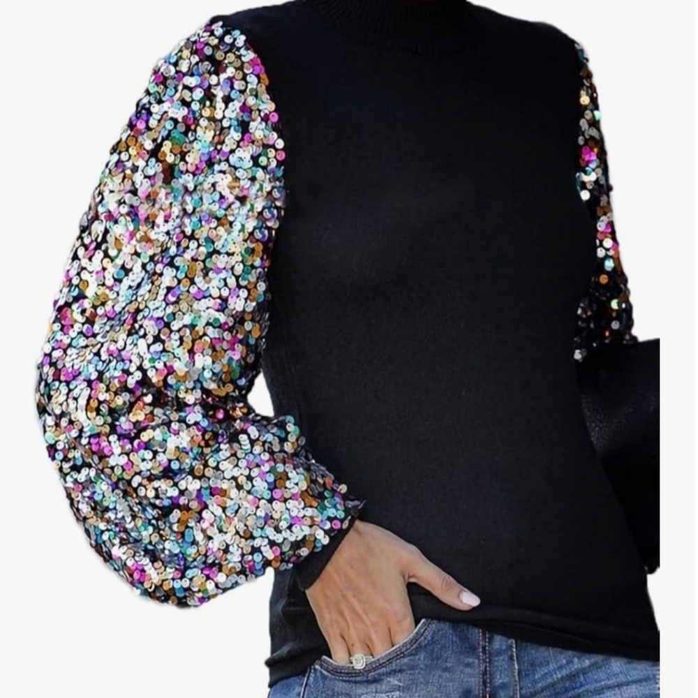 NWT Anna-Kaci Black Top with Rainbow Confetti Sequin Poof Sleeves Size Small